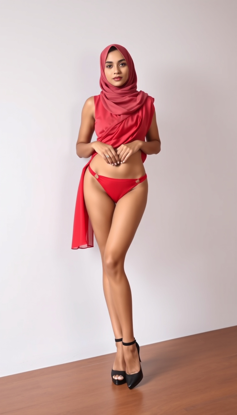 AI Art prompt example created from the prompt: indian Lady with Hijab in red thong with black heels