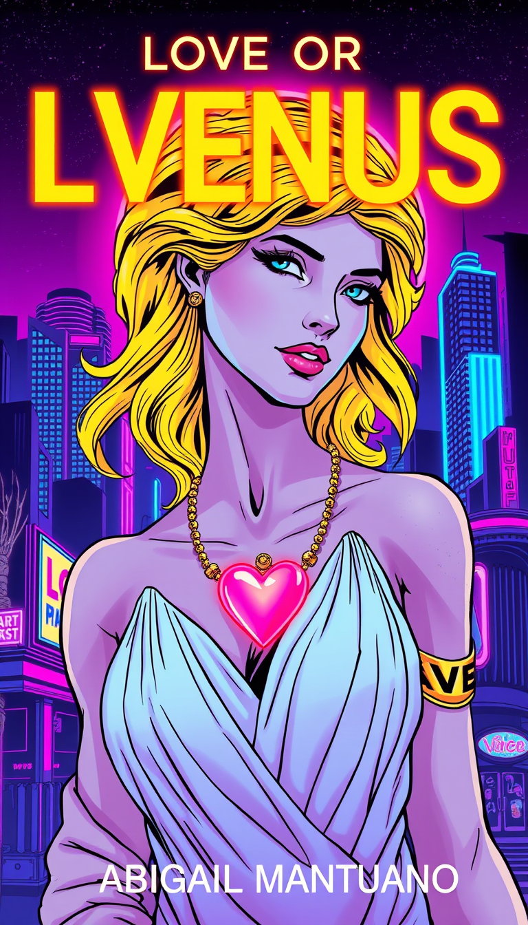 Main art studio: Vertical comic book cover, 1980s retro-futuristic synthwave style. Venus, Roman goddess of love, with blonde hair, white dress, gold details and neon