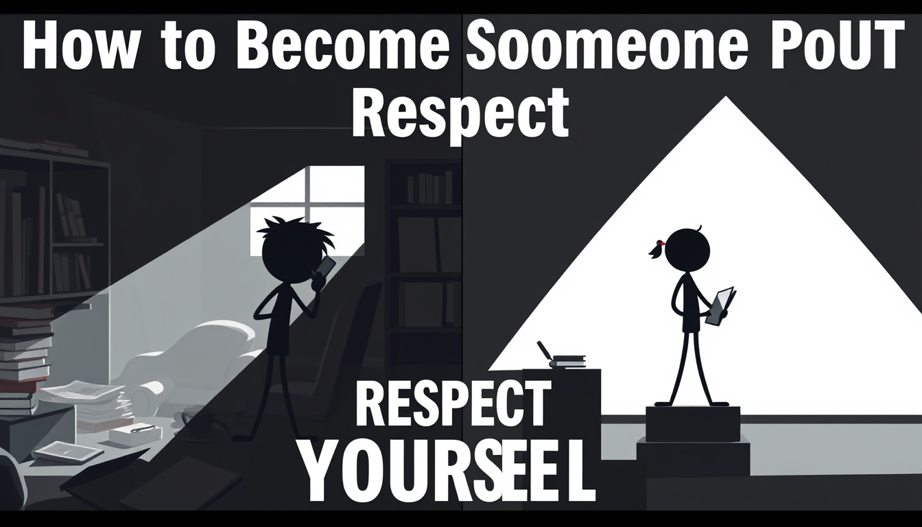 Main art studio: Create a highly clickable cinematic YouTube thumbnail for “How to Become Someone You Respect.” Show the same minimalist 2D stick-figure split into two