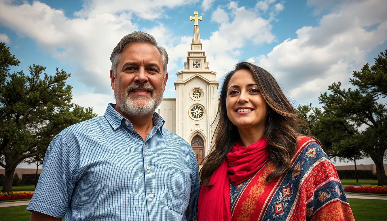 Main art studio: Create an image from two reference photos using the exact individuals. I want an image created of these two ppl and include Jesus in front of the Hust
