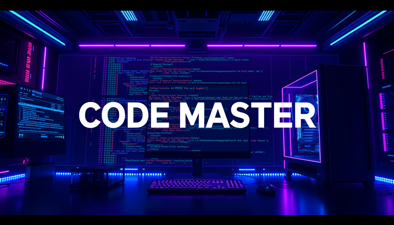 AI Art prompt example created from the prompt: Epic programming channel cover, dark futuristic setup, glowing code, neon blue and purple lights, powerful PC, cinematic lighting, bold “COD