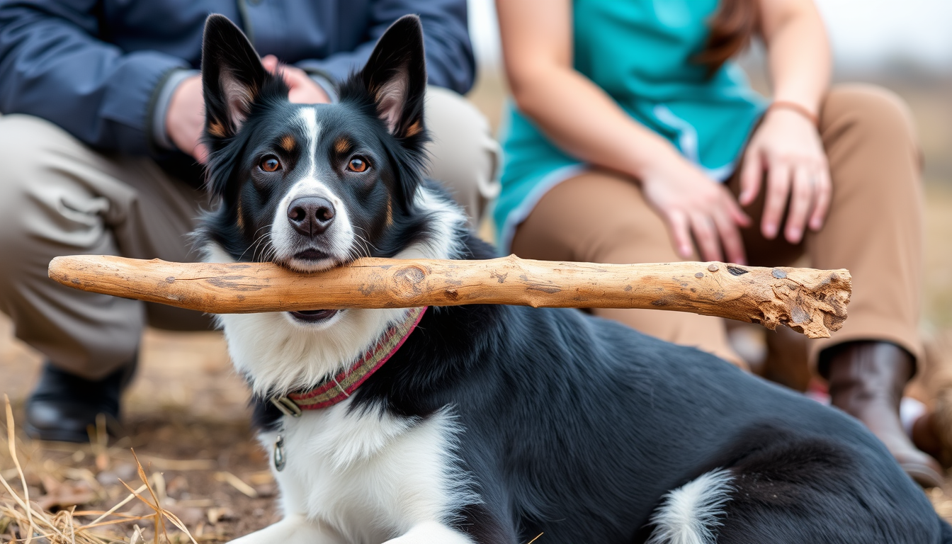 AI Art prompt example created from the prompt: A black and white dog with a big stick in his mouth sitting in front of a man and woman.