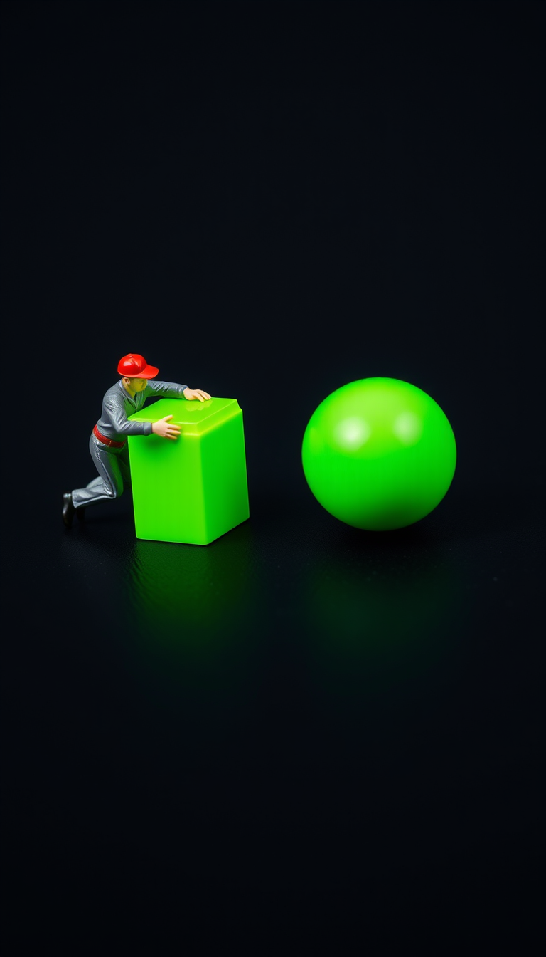 Main art studio: A miniature conceptual illustration on a solid dark background (#0A0A0A). On the left, a small figurine of a worker in grey clothes with a red belt an