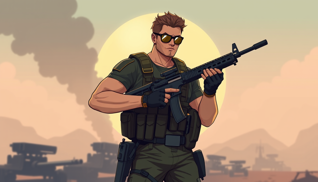 Characters idea: an original character defined by silhouette, role, outfit, palette, and expression, deliberate composition, a fit muscular soldier with a machine gun