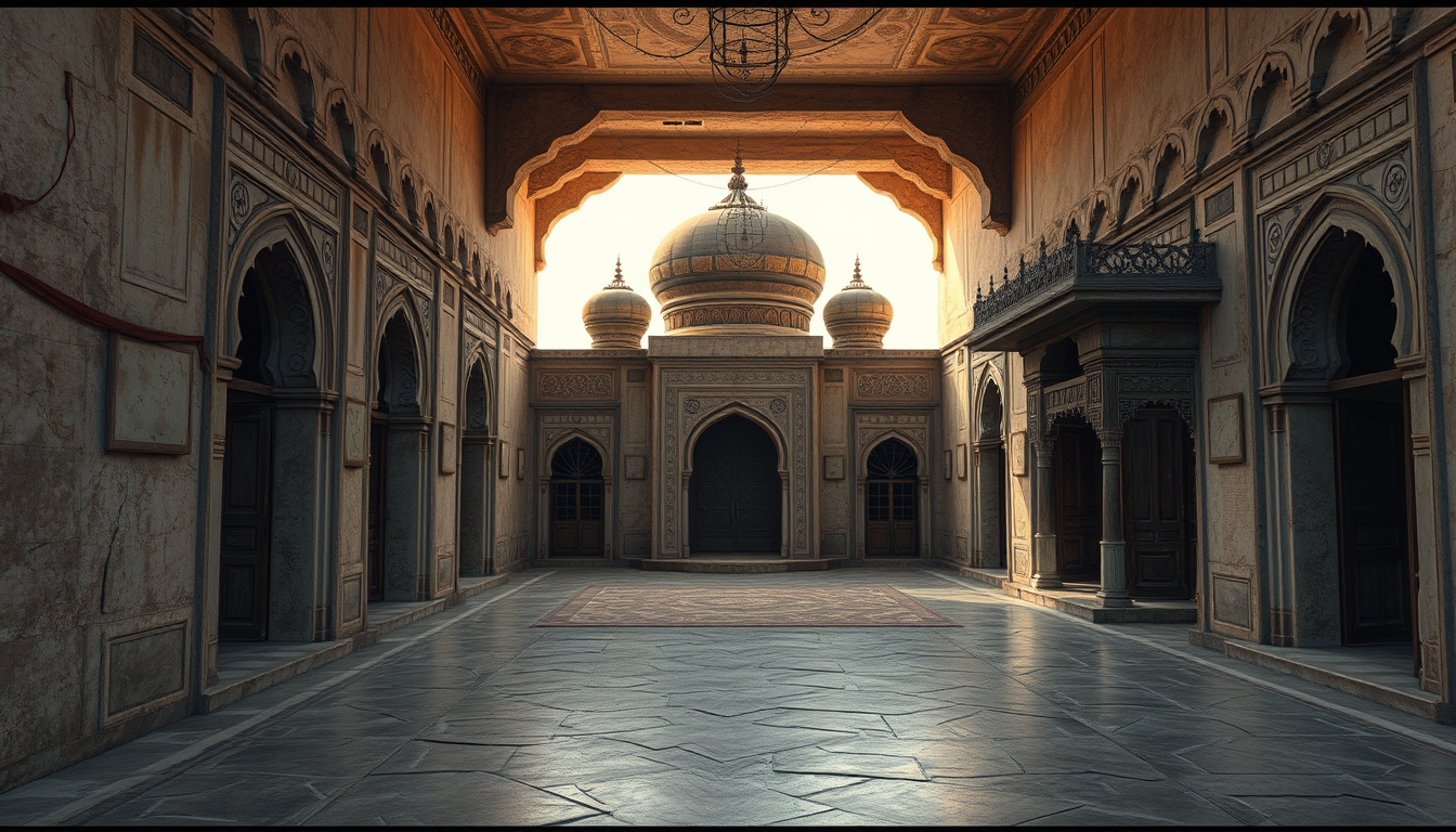 Realistic AI Image idea created from the prompt: photorealistic generated image, natural materials and skin texture, physically plausible lighting, Quraish ke sardaron ka ek purane ghar mei