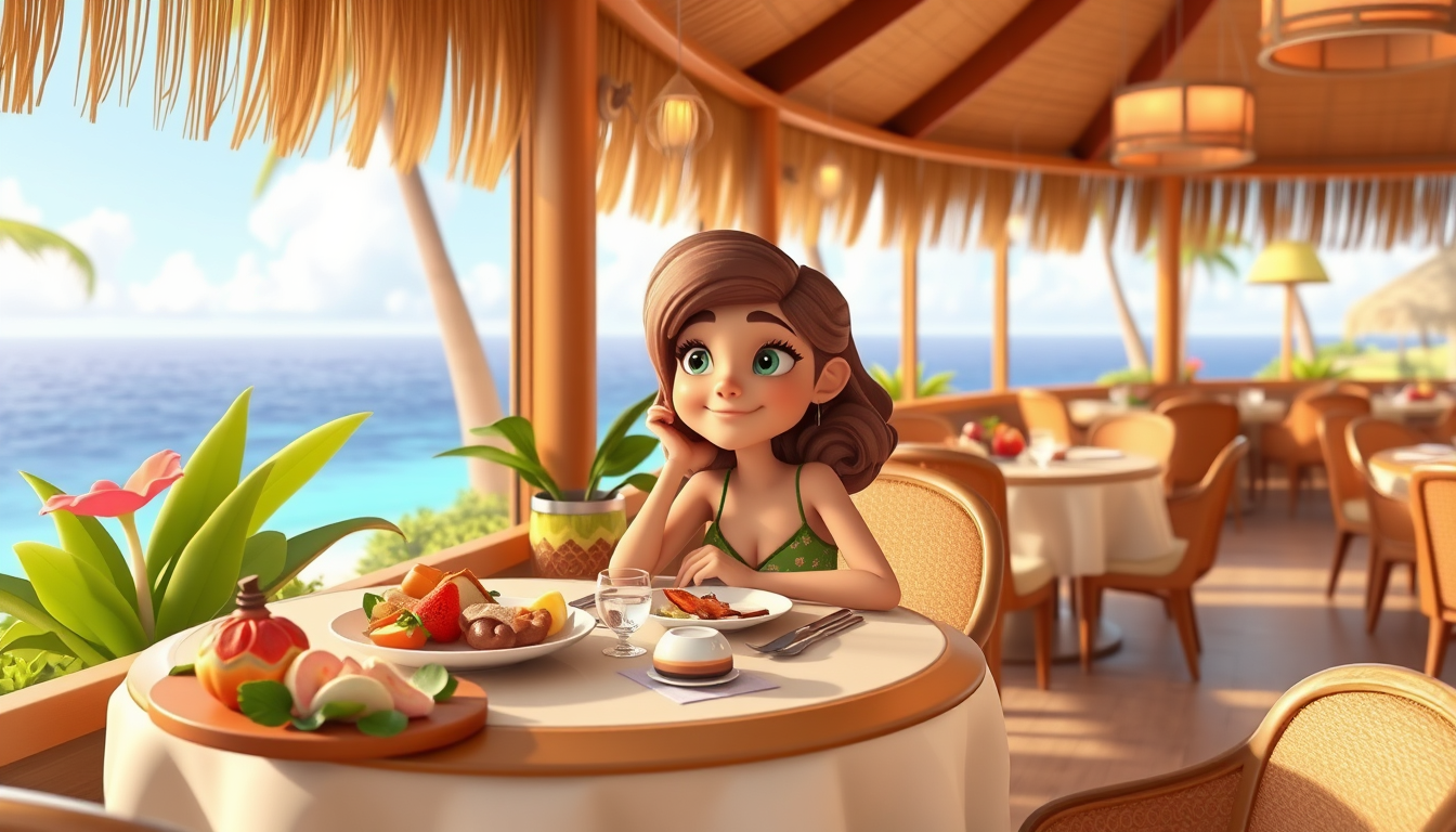 Main art studio: Scene 3: Chloe dining at a beautiful Hawaiian restaurant, sitting at a table with tropical food, ocean-view windows, elegant atmosphere, cute 3D carto