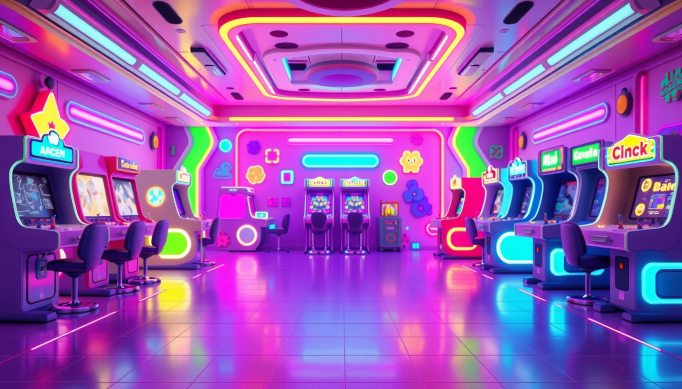 AI Art prompt example created from the prompt: A futuristic colorful gaming room designed as a children's photo-game background, glowing neon shapes, arcade machines in the distant backgr