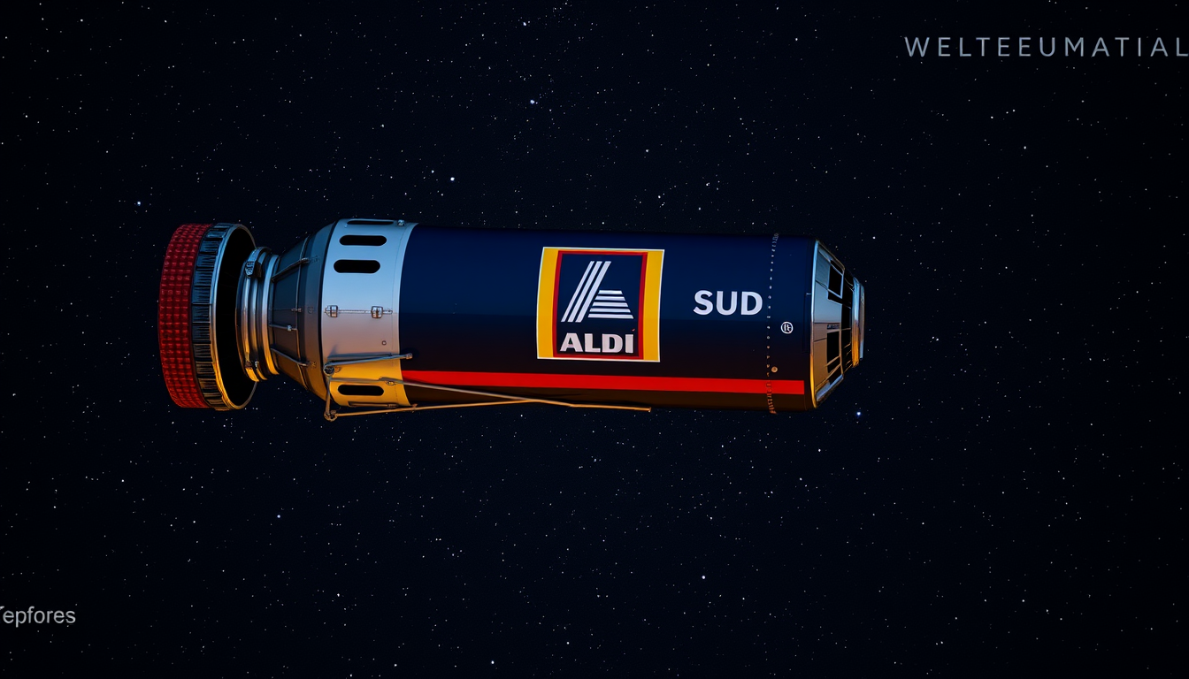 Main art studio: erstelle eine Weltraumrakete mit dem ALDI Süd Original Logo und einer Frau die sich außen daran festhält. Die rakete ist auf dem Weg zum Mond
