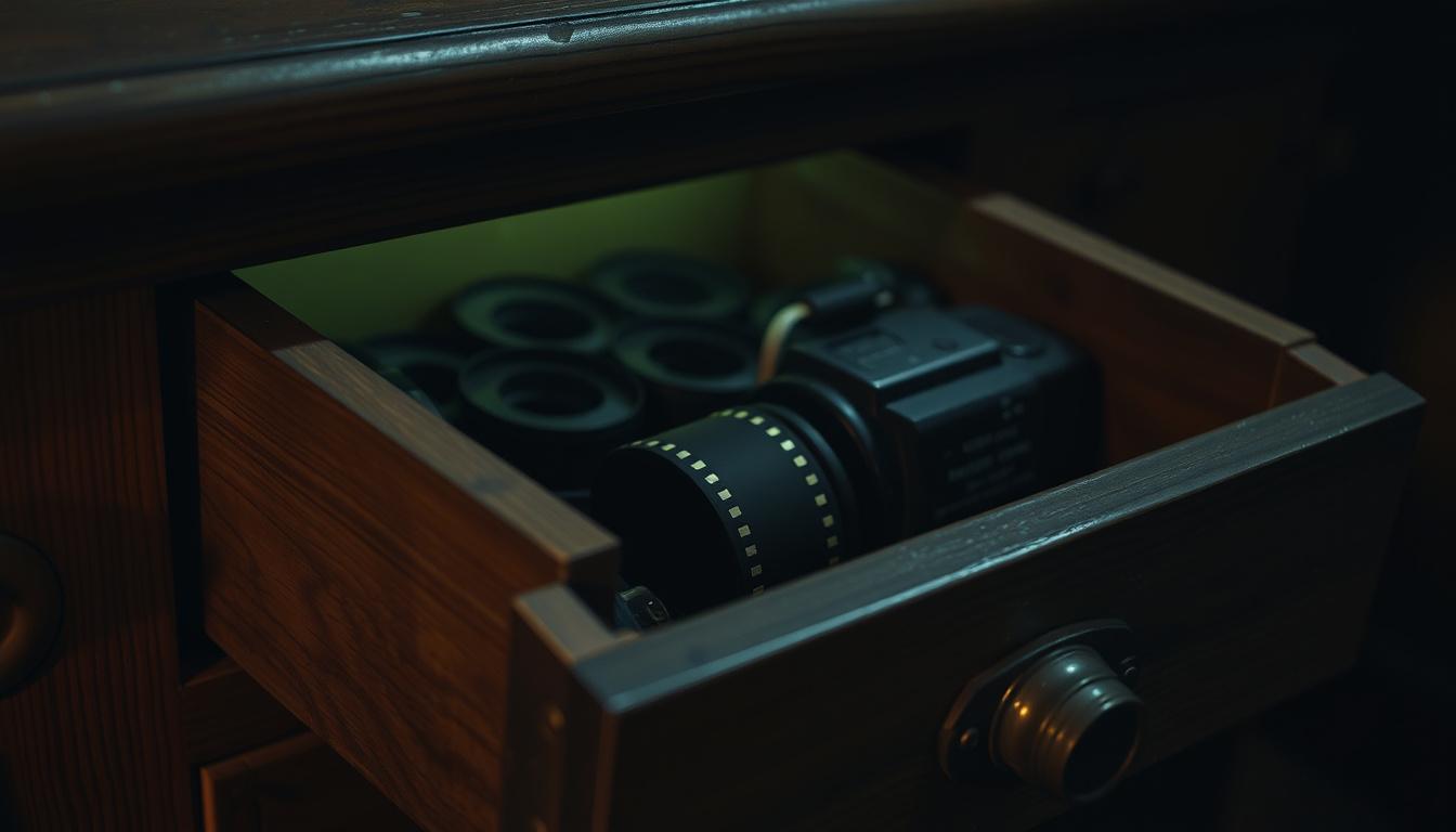 Main art studio: A locked vintage wooden drawer half-open containing old film rolls and a camera, cinematic mystery lighting, moody atmosphere