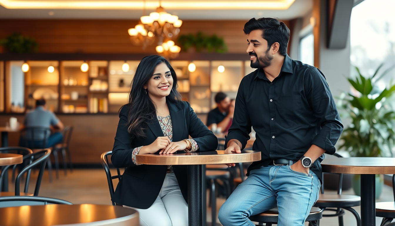 Main art studio: A young Indian couple at a cafe girl in black suit white jeans traditional look... Boy in black shirt sky-blue jeans