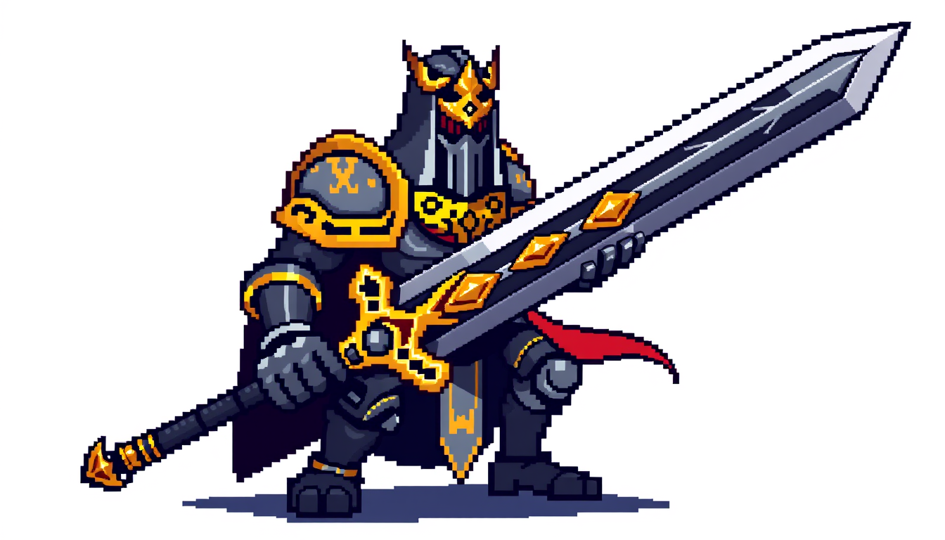 Pixel Art idea: pixel art, 32x32 sprite scale, limited palette, retro 16-bit game art, Una espada legendaria de hierro y adornada con oro. Icono para inventario, asse