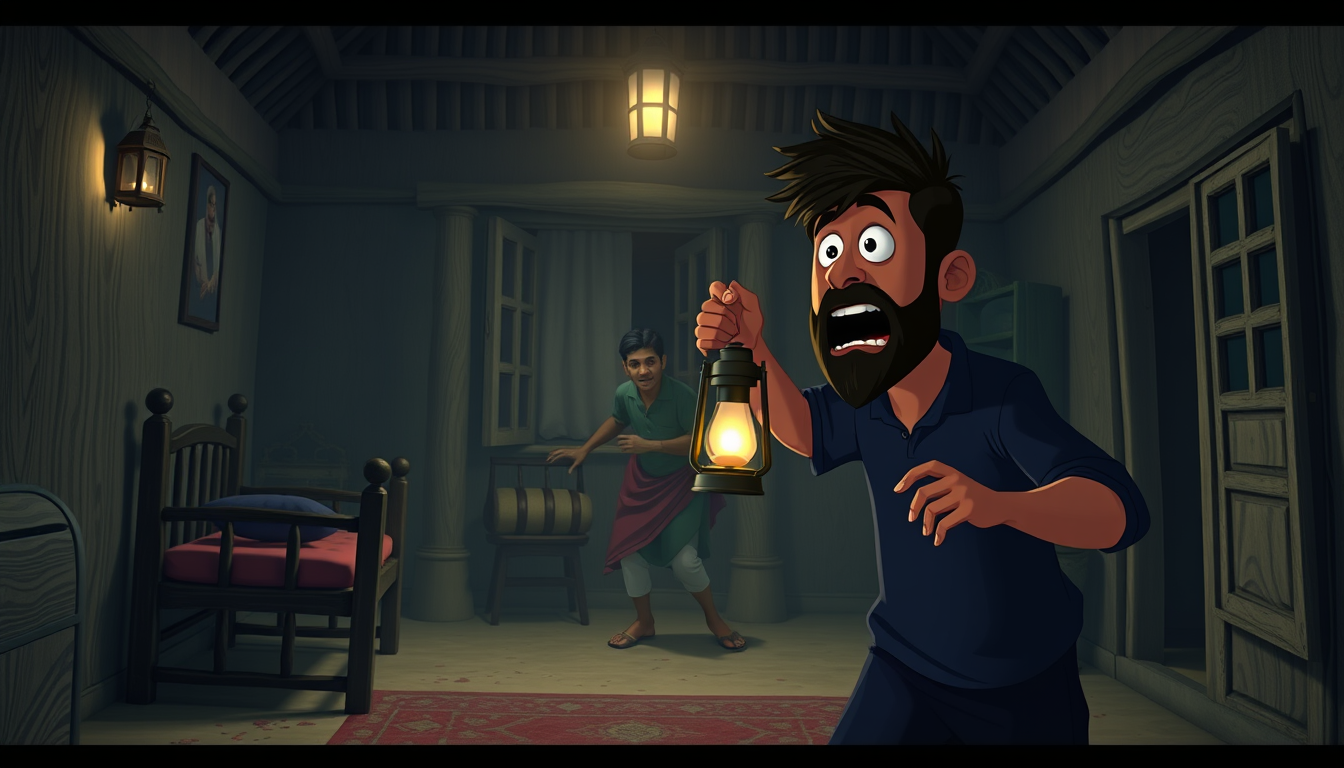 Main art studio: Use the same Rashed reference image: a 28-year-old Bengali man with a beard, same face and navy-blue outfit. Semi-realistic 3D cartoon horror. Rashed 