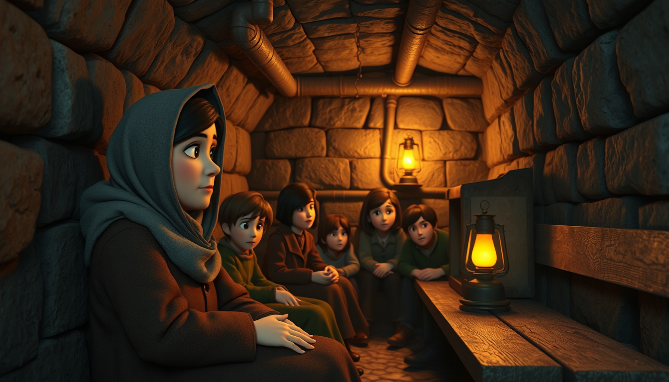 Main art studio: Stylized cinematic 3D animated historical documentary, frightened Berlin civilians sheltering inside a cramped underground basement during the Battle 