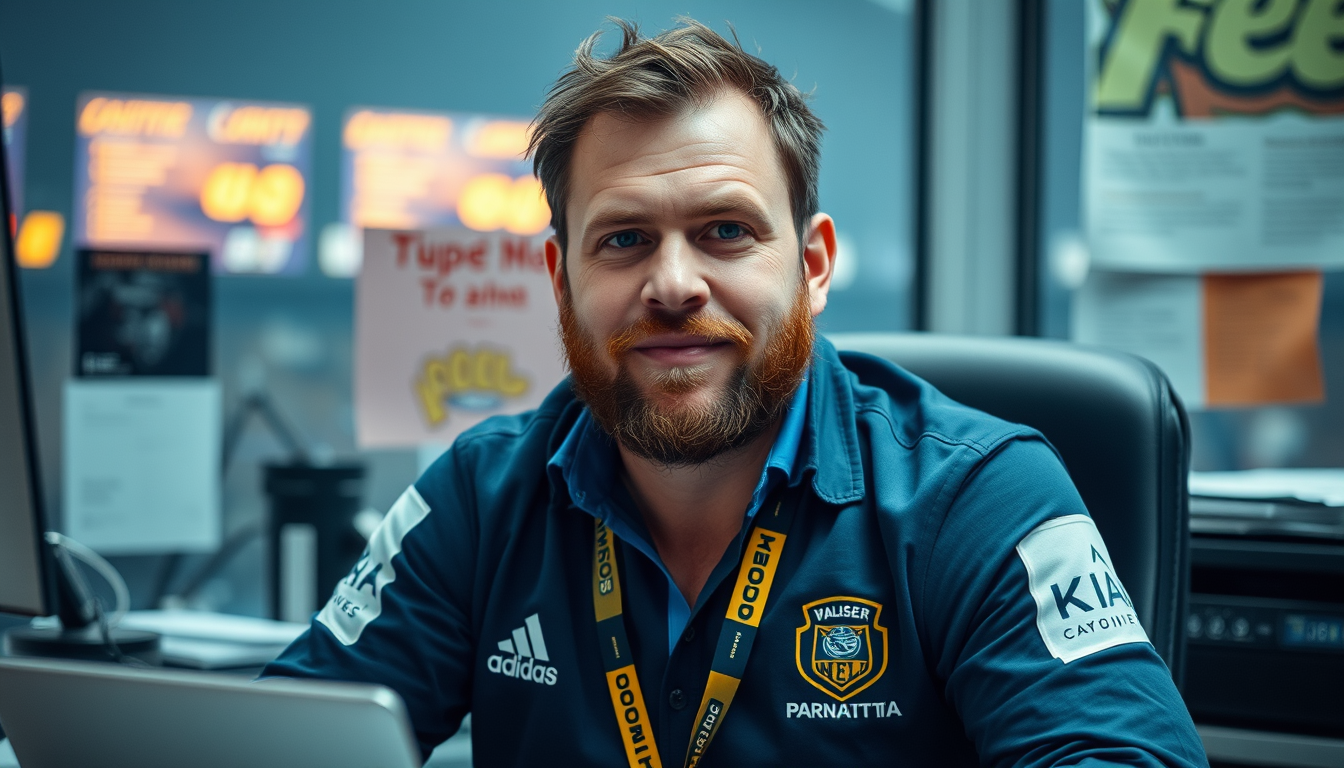 Main art studio: Make me the parramatta eels ceo at my desk , looking worn out and scruffy with a whilste around my neck