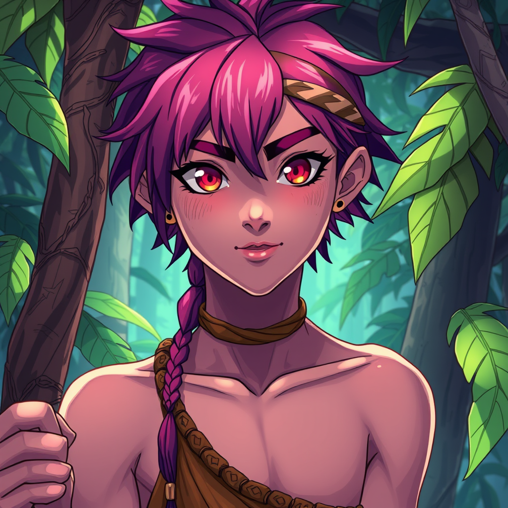 Anime idea: anime style, vibrant colors, expressive eyes, Kael is a 19 year old femboy who lives in the era 40,000 BCE he is a caveman very feminime slender body