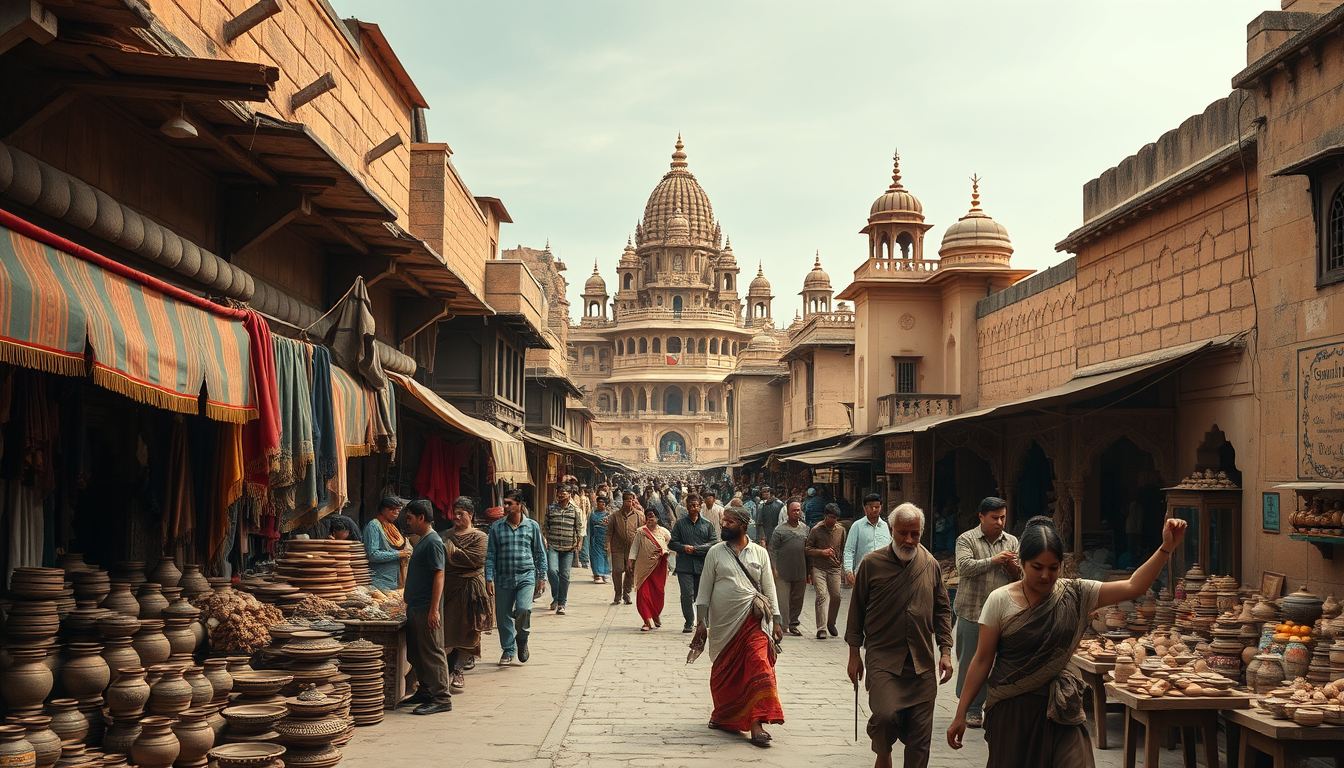 Main art studio: A busy historical marketplace in 16th century Bhangarh, Rajasthan, traditional fabric shops, pottery sellers, merchants trading goods, local families