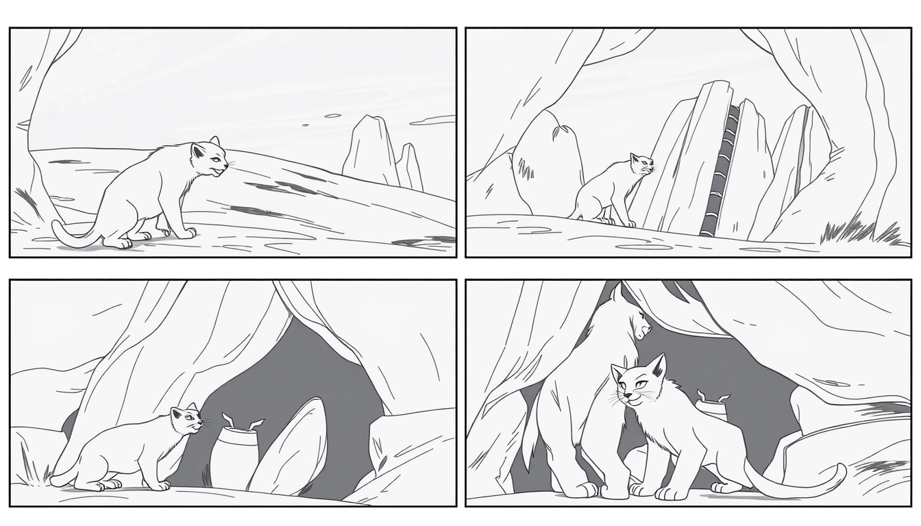 Storyboard idea: storyboard panels, cinematic shot sequence, clear camera angles, grayscale sketch layout, readable scene flow, Warrior cats by Erin Hunter fan novel .