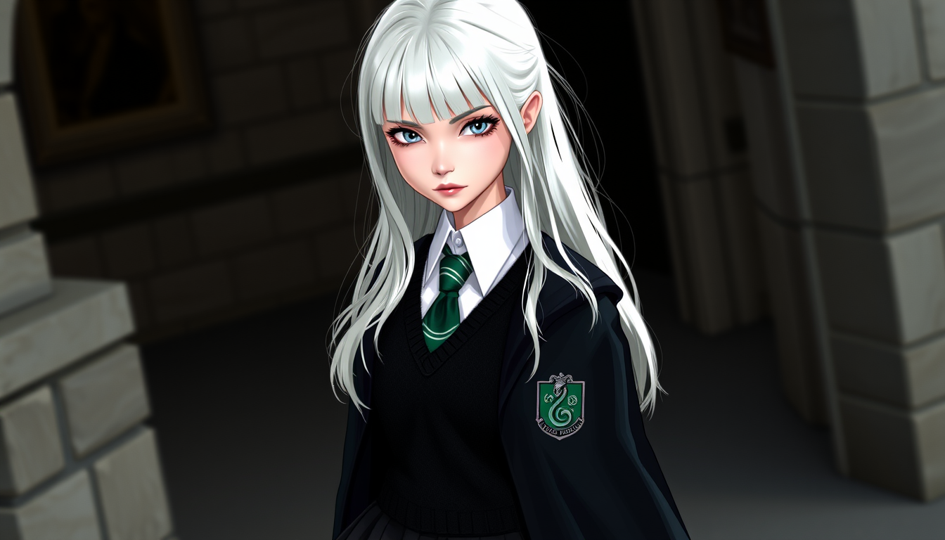 AI Art prompt example created from the prompt: Draconia Malfoy, a student of Hogwarts School of Witchcraft and Wizardry. A slender girl with white-blonde hair, cold light-grey eyes, and r