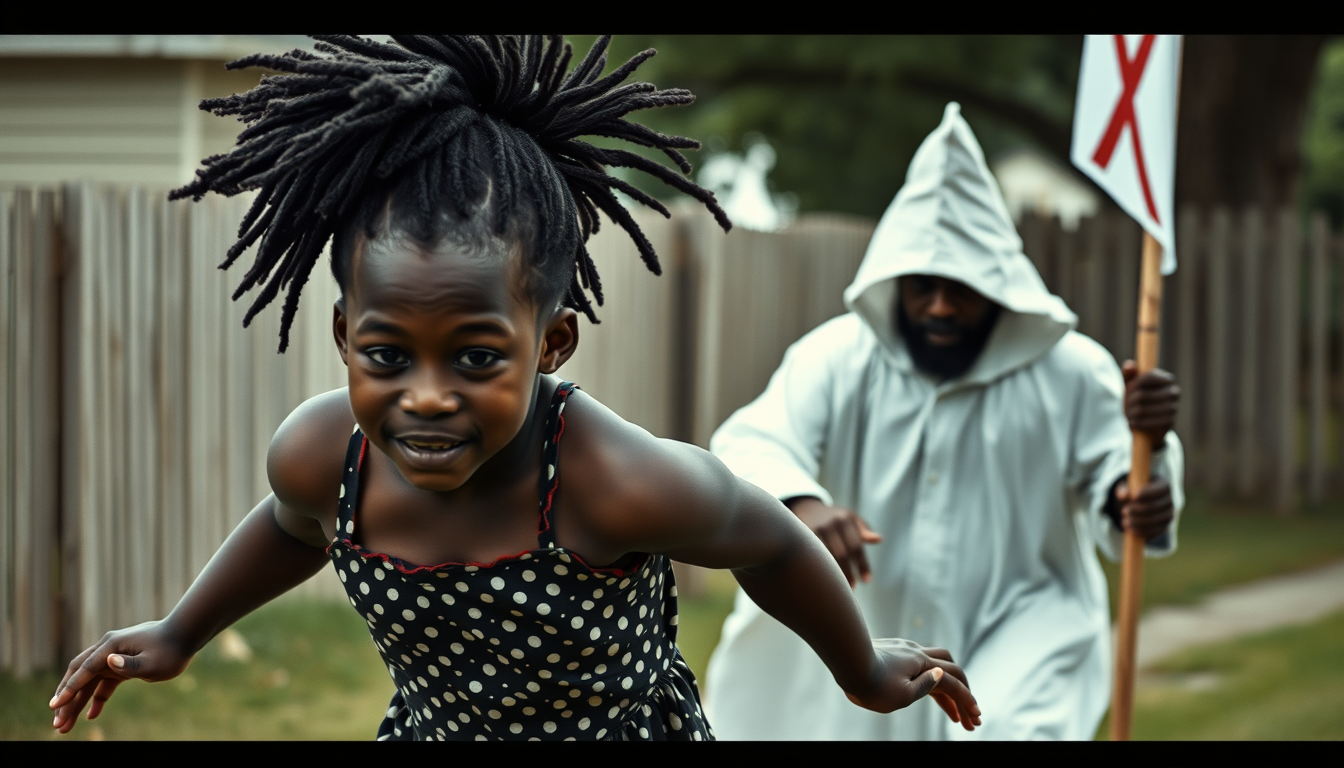 Realistic Images idea: photorealistic generated image, natural materials and skin texture, physically plausible lighting, make an image of a black girl getting chased by a m