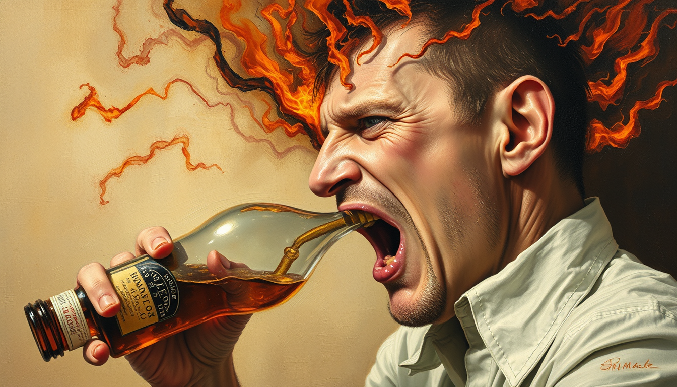 Main art studio: Oil painting of an alcoholic desperately crawling through his own head drinking from a bottle containing all hell