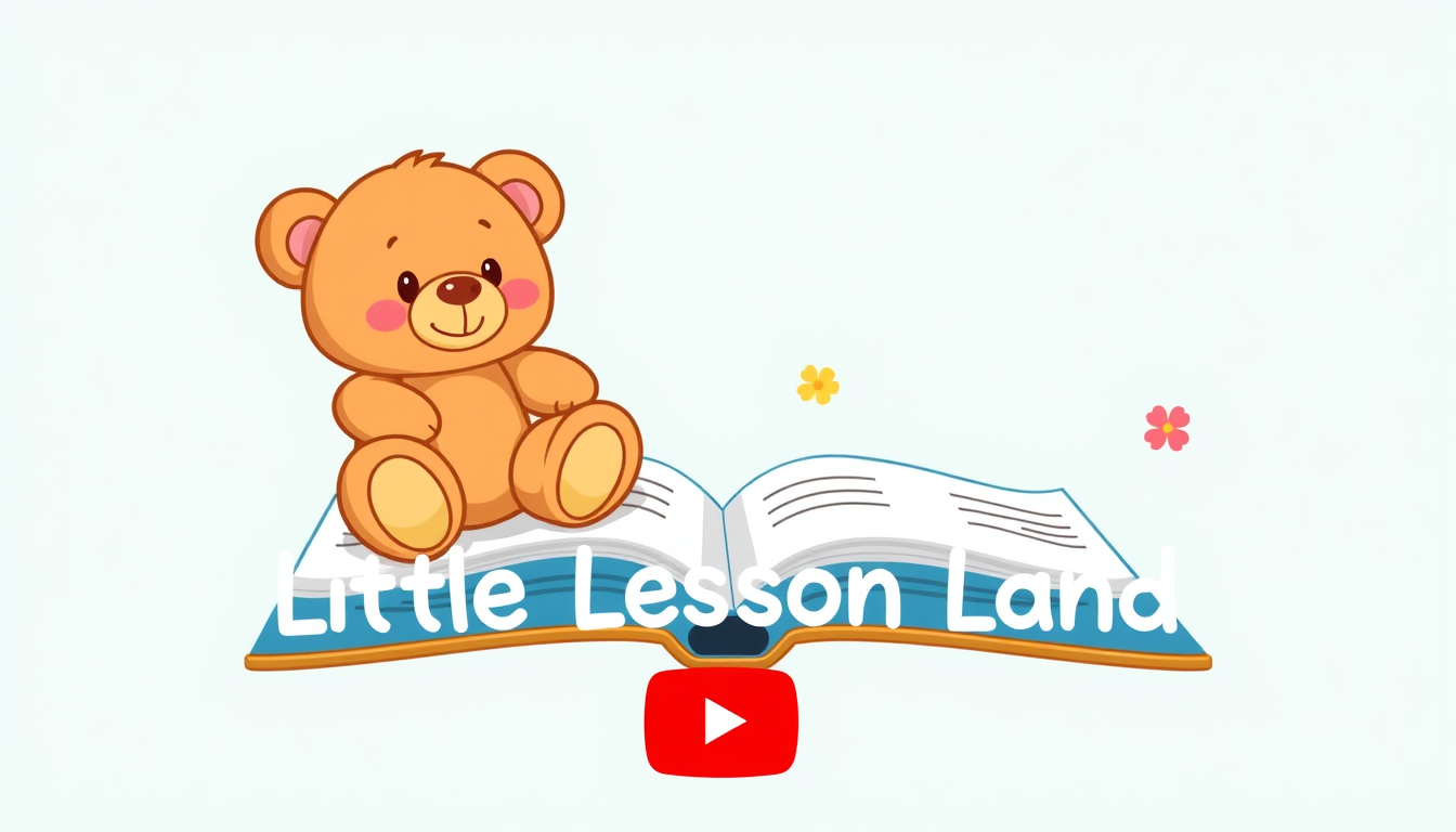 Main art studio: A cute teddy bear sitting on an open storybook, with the words “Little Lesson Land” underneath, bright cheerful children’s style, simple enough to rec