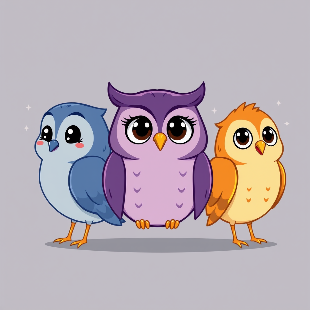 Main art studio: Modern university study app mascot, exactly three adorable cartoon owls side by side. Left: blue-gray, shy and gentle, looking up-left bashfully. Midd