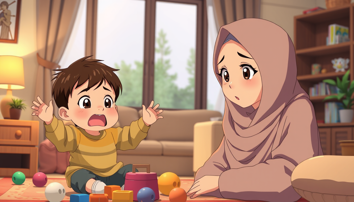 Anime idea: anime style, vibrant colors, expressive eyes, 2D Japanese anime style, warm educational parenting scene. A cute 2-3 year old boy with short dark hair 