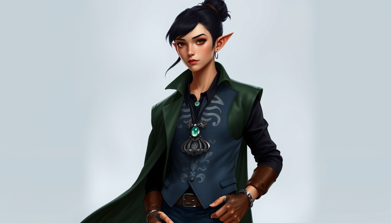 Main art studio: -Half-elf with olive skin and black hair styled in a half-up, half-down bun to shoulders -Delicate androgynous beautiful boyish features -Pointed ears