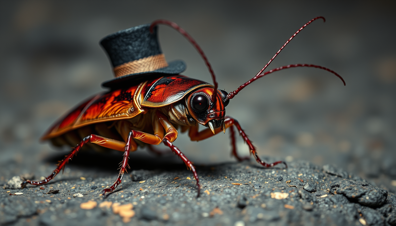 Main art studio: evil cockroach saying i am evil and i am a rockroach, with tophat