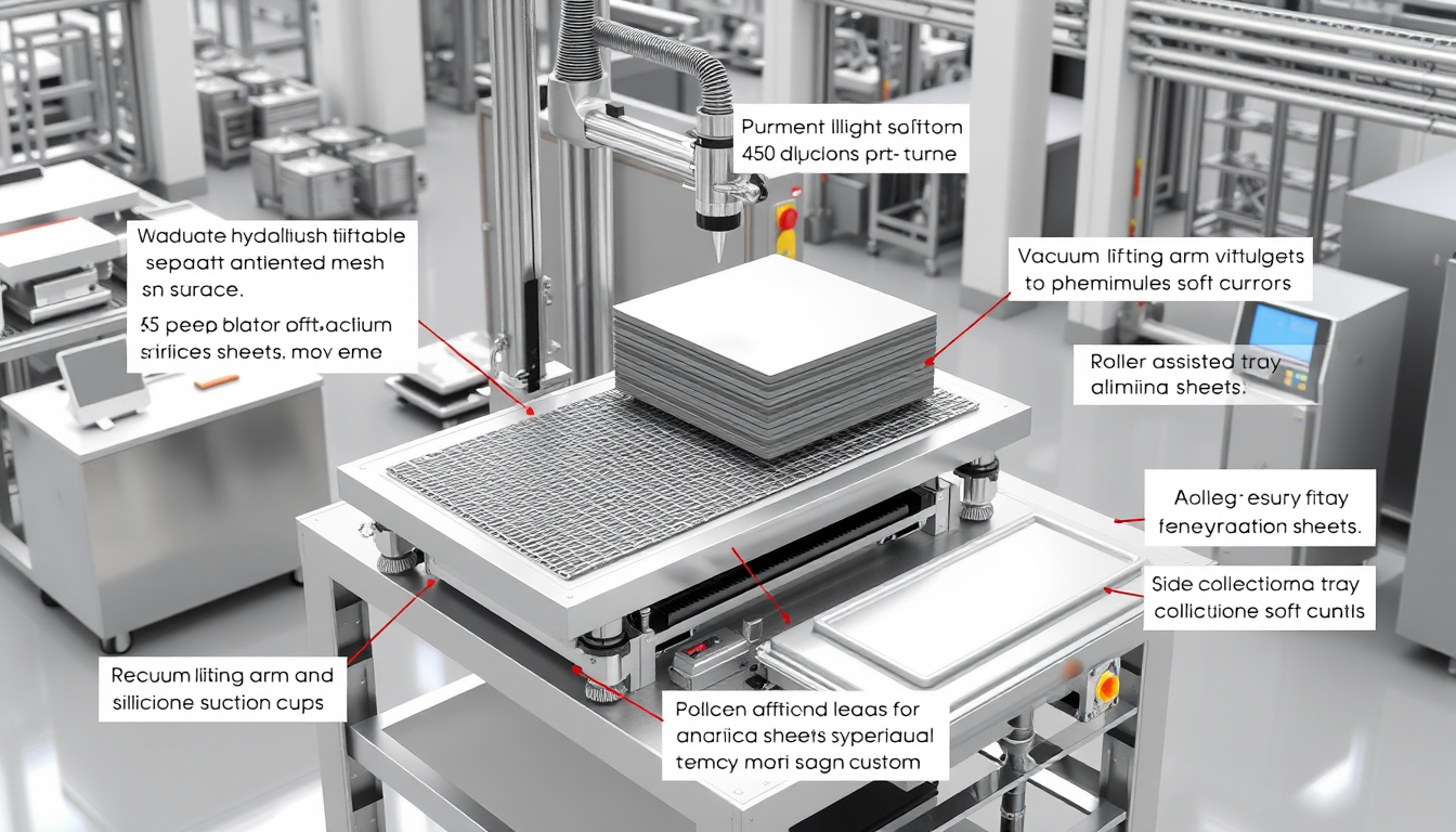 AI Art prompt example created from the prompt: Industrial factory 3D CAD rendering, adjustable hydraulic tilt table for separating sintered metal mesh stacks and alumina separator sheets,