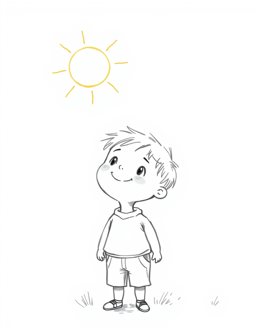 Main art studio: A cute little boy standing outside in the early morning, looking up at the rising sun with a warm innocent smile, as if he is wondering whether the su