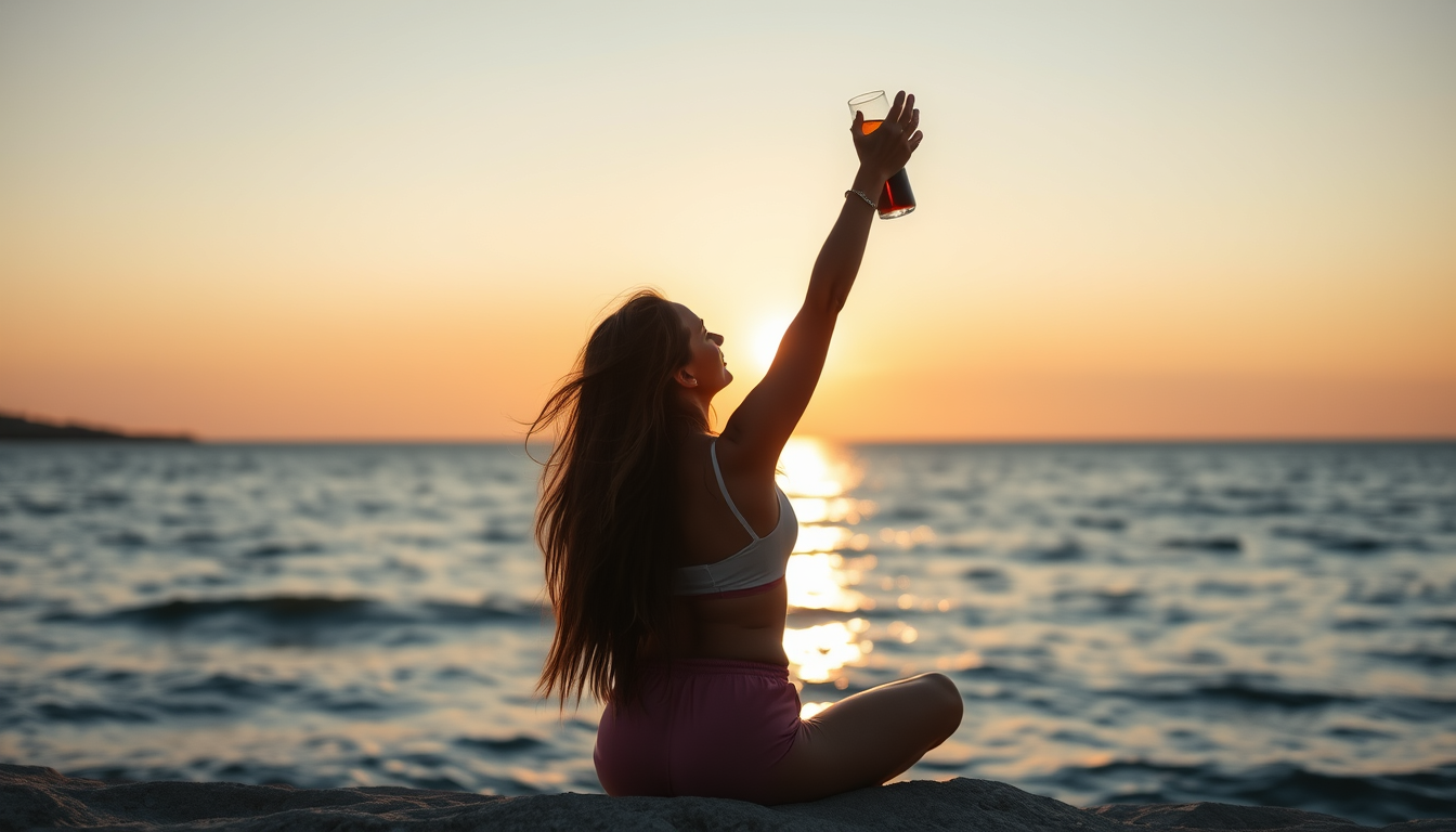 Main art studio: Ciao, mi crei un'immagine di una ragazza che fa yoga al tramonto, mentre beve una Coca-Cola in vetro al mare a Formentera stile cartone