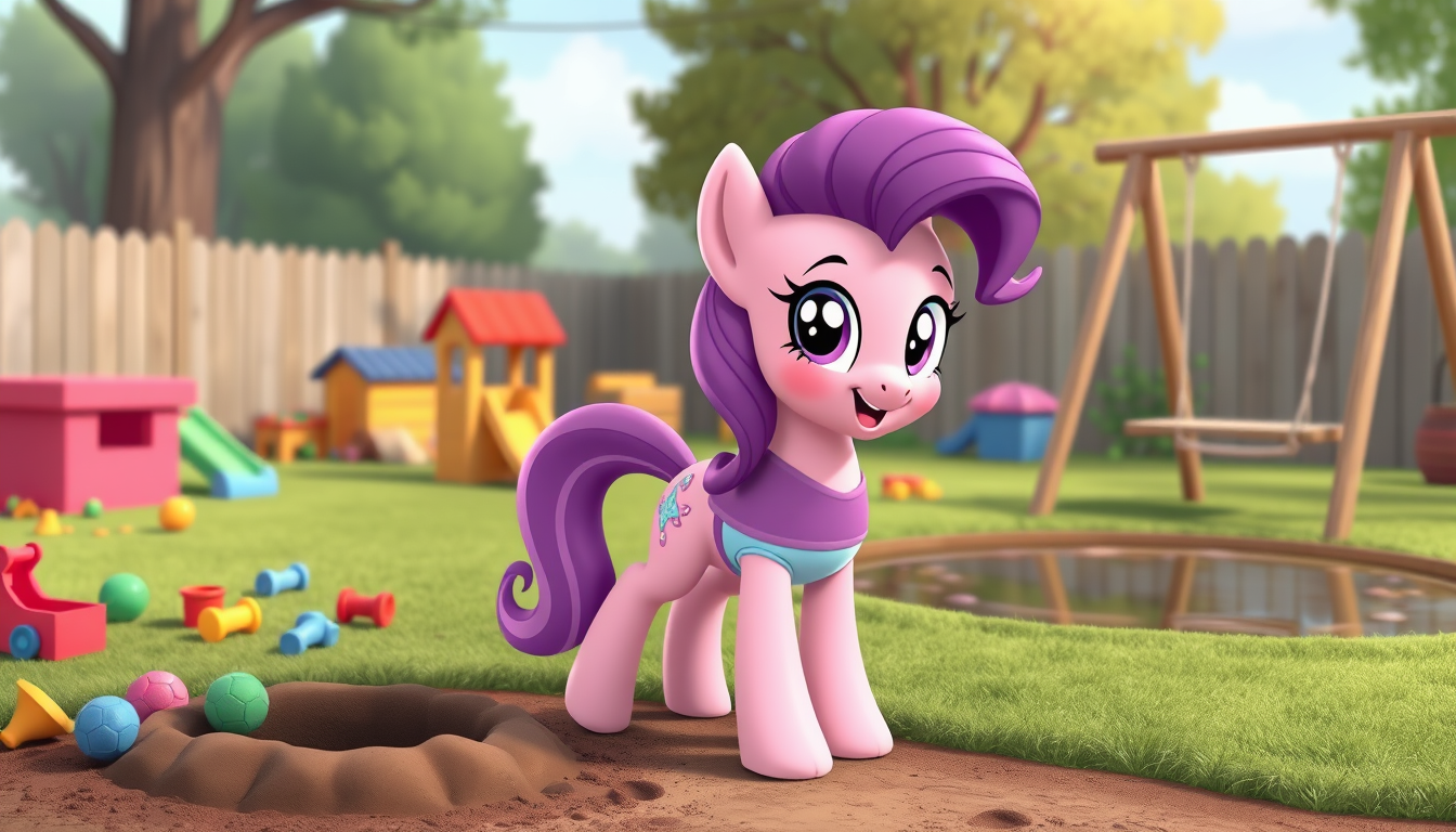 Main art studio: Mlp cartoon style and human version of flurry heart who is 4 years old with pink skin and purple and blue hair wearing purple and pink shirt, and ligh