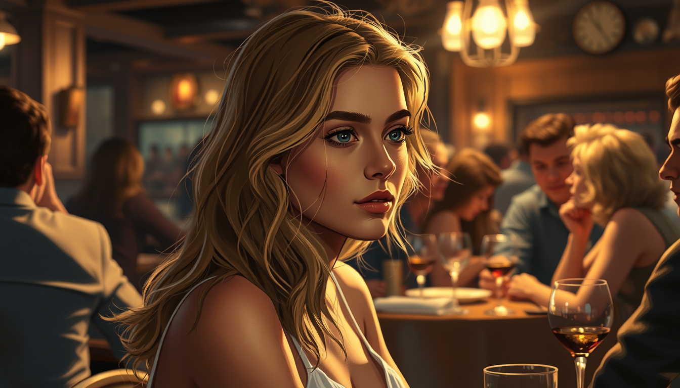 Main art studio: a young woman with wavy blonde hair, delicate features, painterly semi-realistic illustration style, warm golden lighting, cinematic atmosphere, sitti