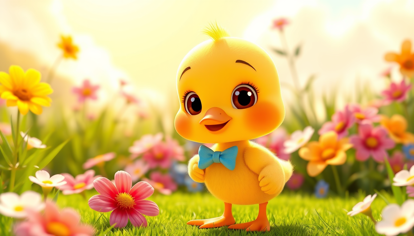 Main art studio: A cute little yellow duckling with round cheeks, big shiny brown eyes, a tiny orange beak, and tiny orange feet, wearing a small blue bow tie, standin