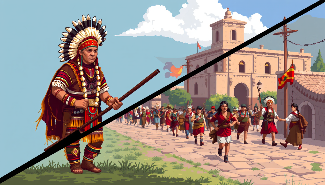 Pixel Art idea: pixel art, 32x32 sprite scale, limited palette, retro 16-bit game art, En 1781, Túpac Katari encabezó un levantamiento indígena y sitió la ciudad de L