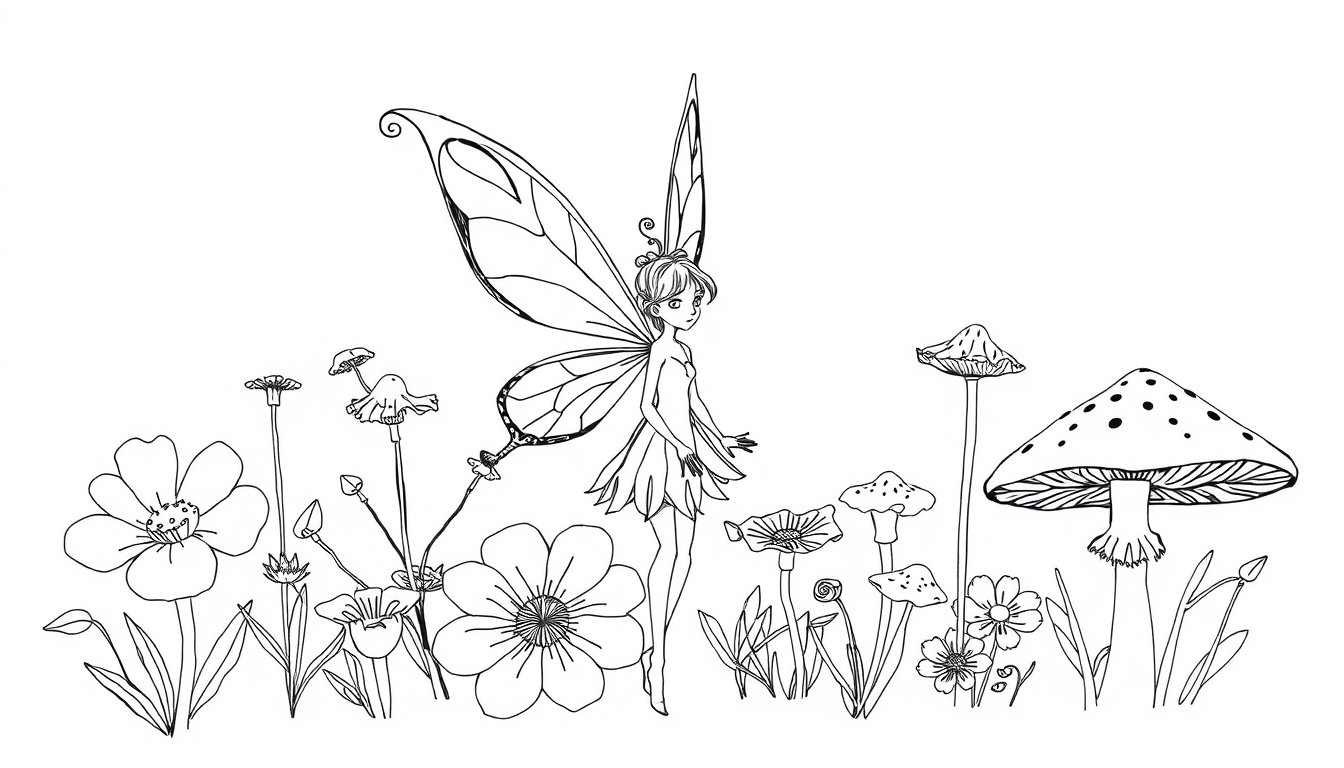 Main art studio: sketch up some line art of an simple obscure fairy in front of some flowers and flowers with some squiggles and lines and big thick bold lines and mus