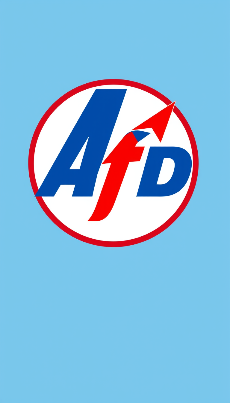 Main art studio: Satirical German political parody wallpaper, ultra-wide 20:9. Blue campaign poster design, large blue "AfD" style emblem with red upward arrow, light