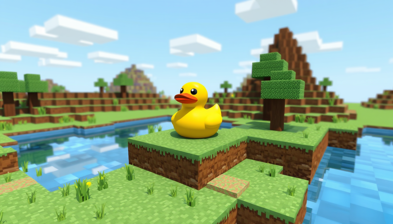 AI Art prompt example created from the prompt: make a minecraft style landscape with a low poly rubber duck in middle