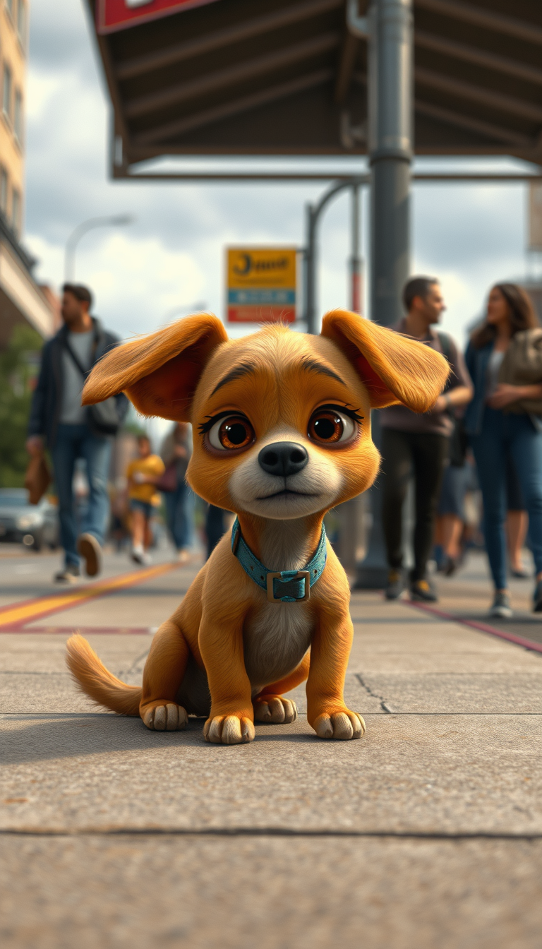 Main art studio: Nobody Notices HimImage Prompt:A small skinny golden-brown stray dog with floppy ears, big emotional brown eyes, slightly dirty fur and a faded blue c