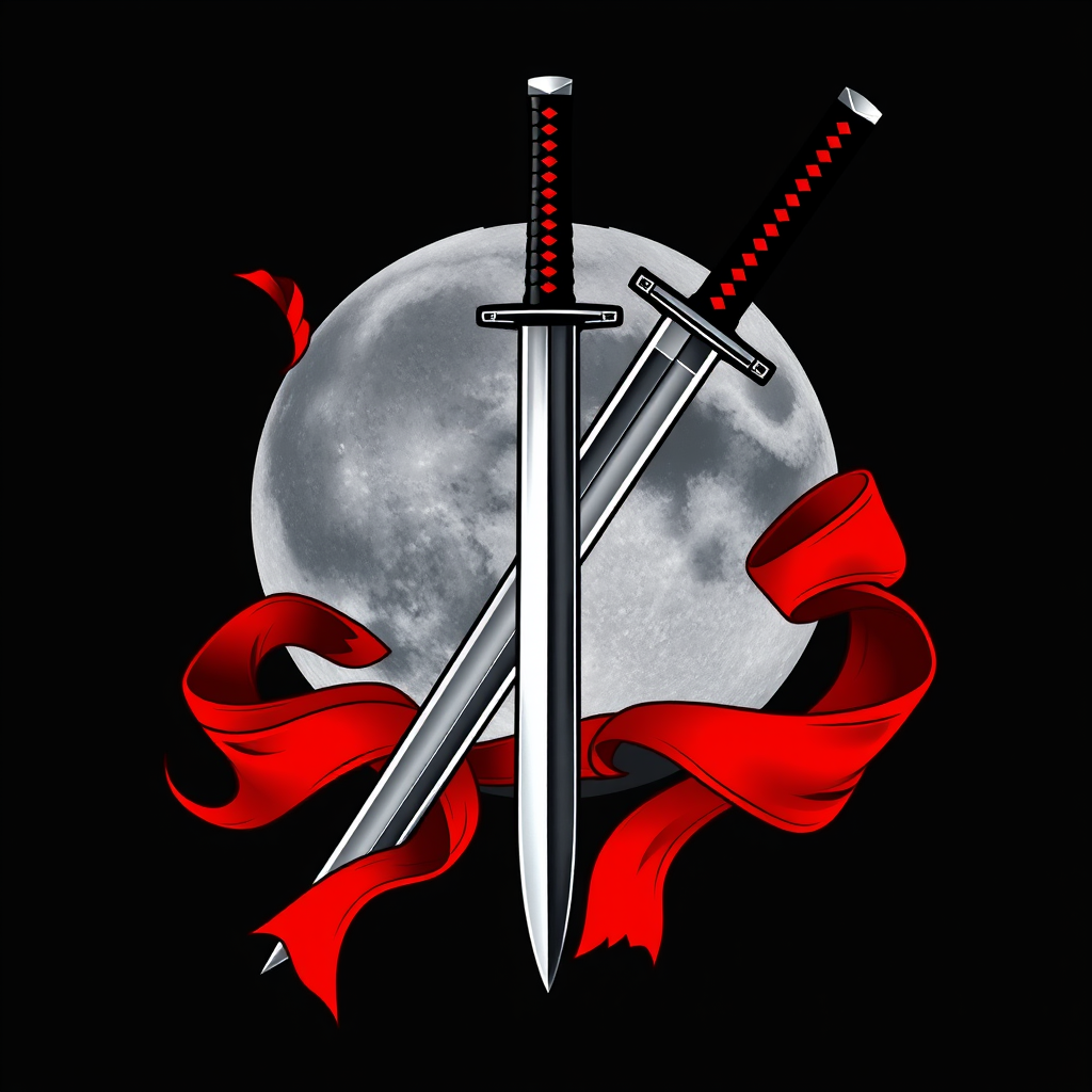 Main art studio: Dark Moon Blade logo, include katana with two developing red ribbons with, stereo 3D effect, transparent background, no inscriptions