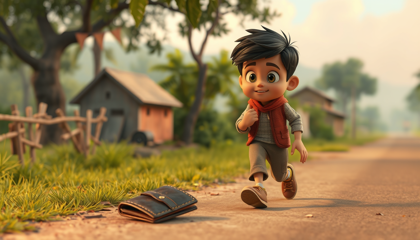 Main art studio: The same young boy Arif walking on a village road and suddenly noticing a brown leather wallet lying on the ground, he looks surprised and carefully p