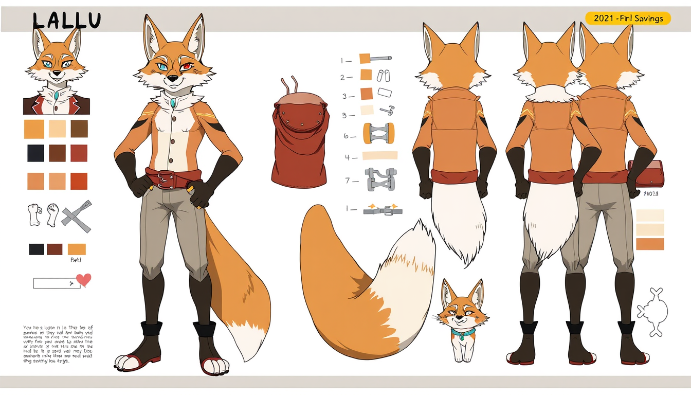 Character Sheet idea: a visual character reference sheet with a dominant full-body view, controlled details, palette swatches, and supporting expressions or accessories, de