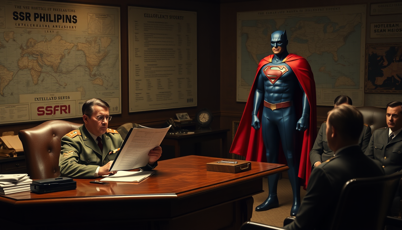 Main art studio: Colonel Chester Phillips sits at a large wooden desk inside a World War II SSR headquarters, reading a classified intelligence report with a serious e