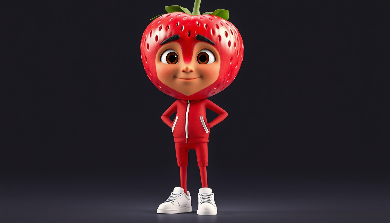 AI Art prompt example created from the prompt: A full body 3D animated humanoid strawberry character, realistic strawberry-shaped head with tiny seeds and green leaves, HUMAN BODY, two ar