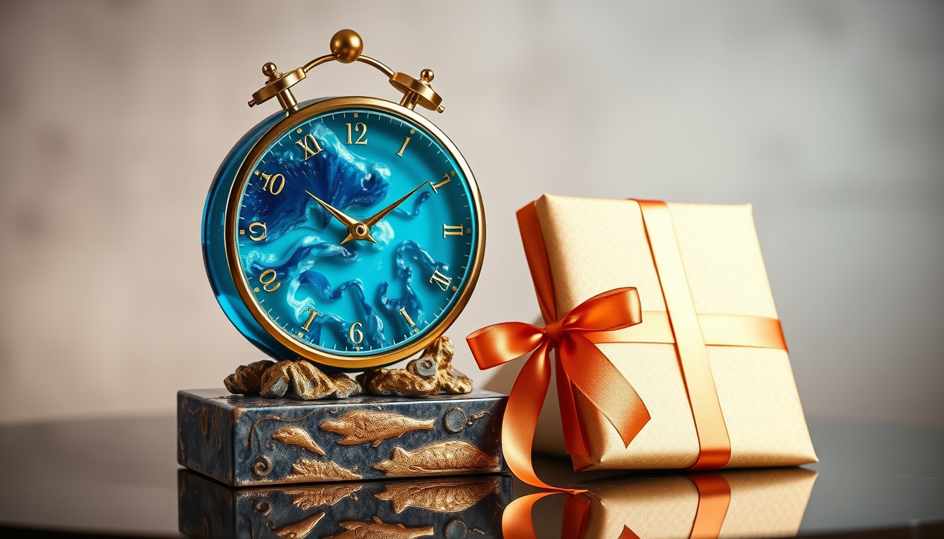 Main art studio: Beautiful handmade resin clock with a stunning blue ocean effect and gold accents, presented with a luxury gift box and ribbon, perfect special gift, 
