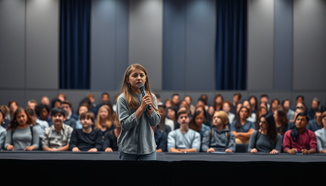Main art studio: 16:9 horizontal rectangular scene, realistic teenage girl on a stage giving a speech, looking nervous and stressed, holding a microphone, with a large