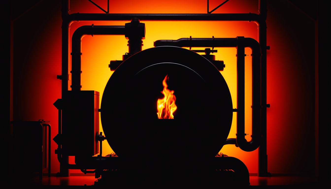 AI Art prompt example created from the prompt: Industrial steam boiler with a front-mounted burner, designed as a solid black metal silhouette for an architectural workshop entrance sign.
