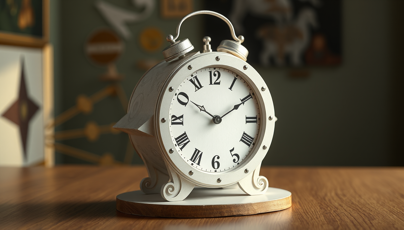 AI Art prompt example created from the prompt: « Une horloge molle inspirée du surréalisme de Salvador Dalí, en 3D, fabriquée comme une sculpture en papier aluminium et carton, posée sur