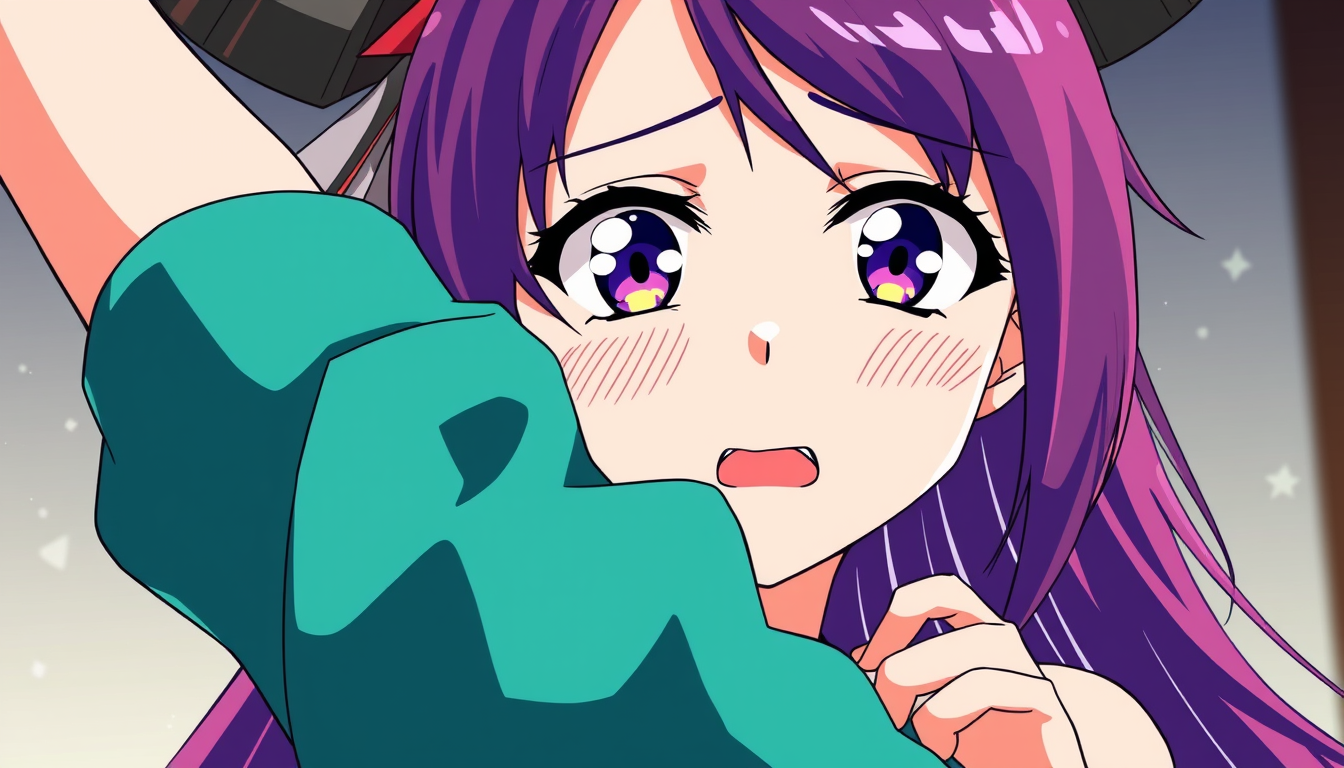 Anime idea: anime style, vibrant colors, expressive eyes, Mitsuri Kanroji from Demon Slayer, raising one arm and curiously smelling her own armpit, slightly embar